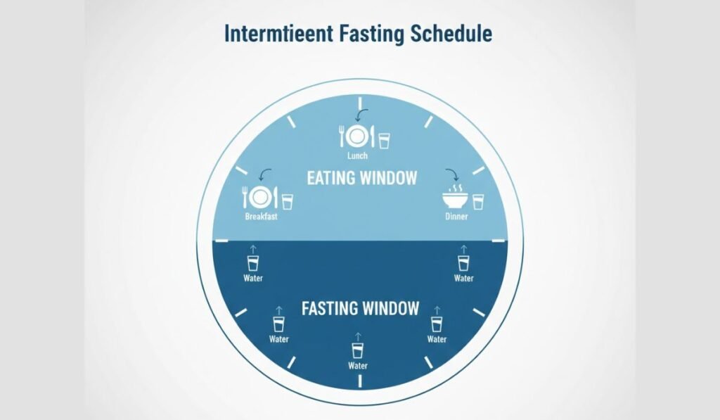 Intermittent fasting schedule for beginners illustrating time-restricted eating.