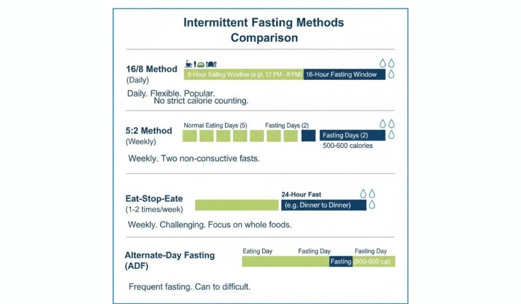 Popular intermittent fasting methods including time-restricted eating and alternate-day fasting.