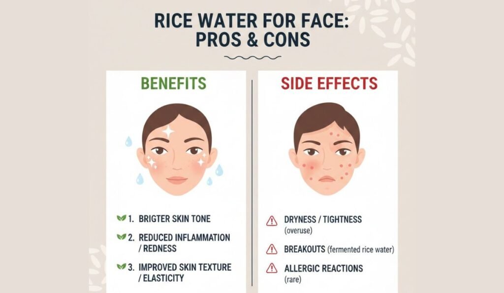 Visual guide to side effects of rice water on face and benefits.